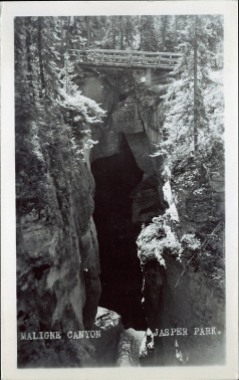 Maligne Canyon Jasper Park. Photographed and Copyrighted by J.A. Weiss, after 1930. http://peel.library.ualberta.ca/postcards/PC008308.html