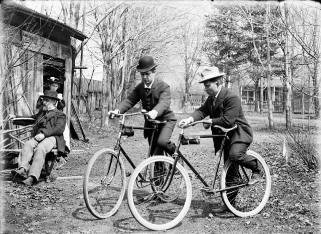 Norman and Adam Ballantye with bicycles at 54 Main Street. James and Lilly Ballantyne are at left of photo. April 1897 LAC