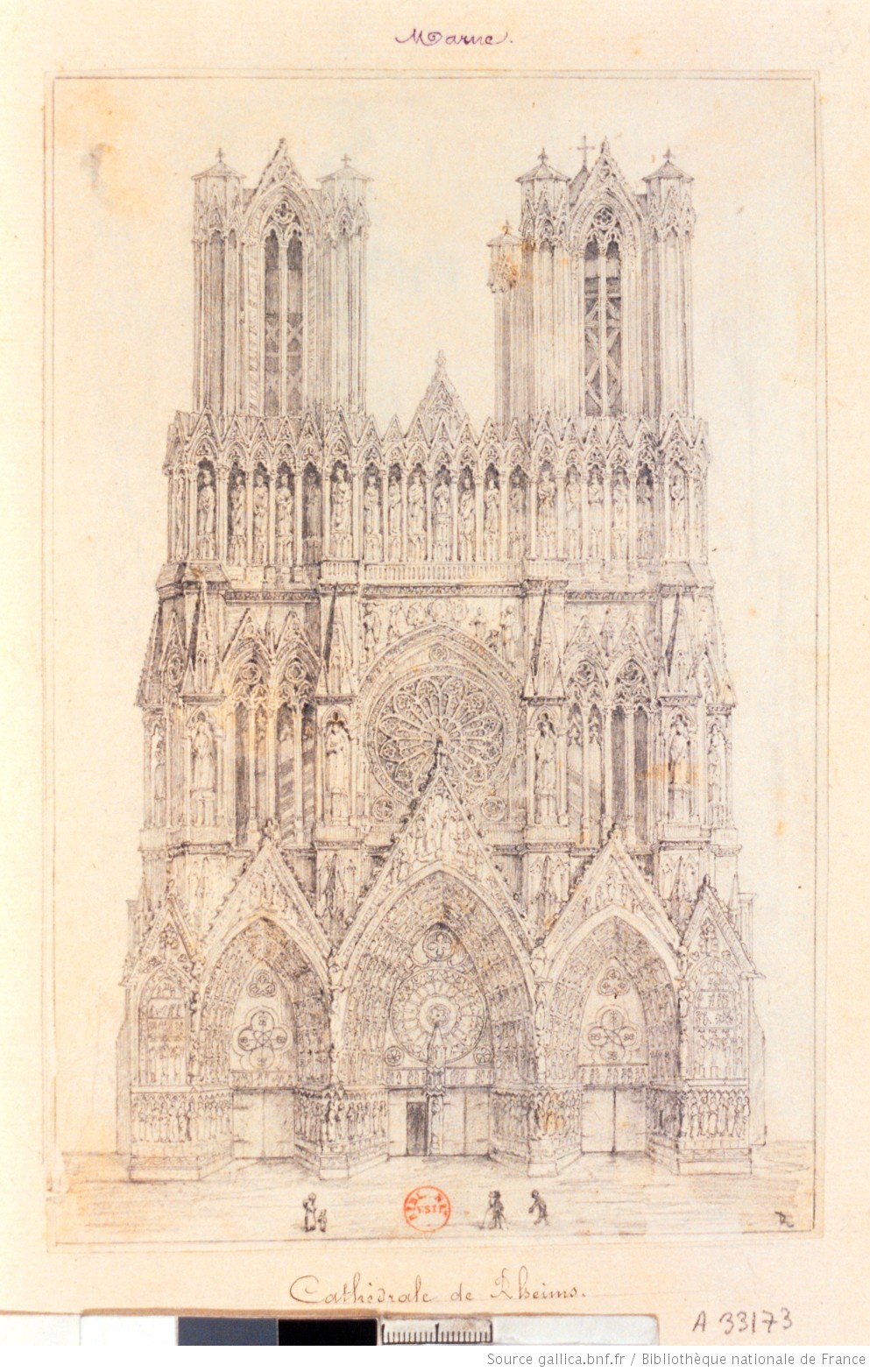 Sketch of the elaborate facade of the Cathedral of Reims, with two towers, huge rose windows, and gothic details.